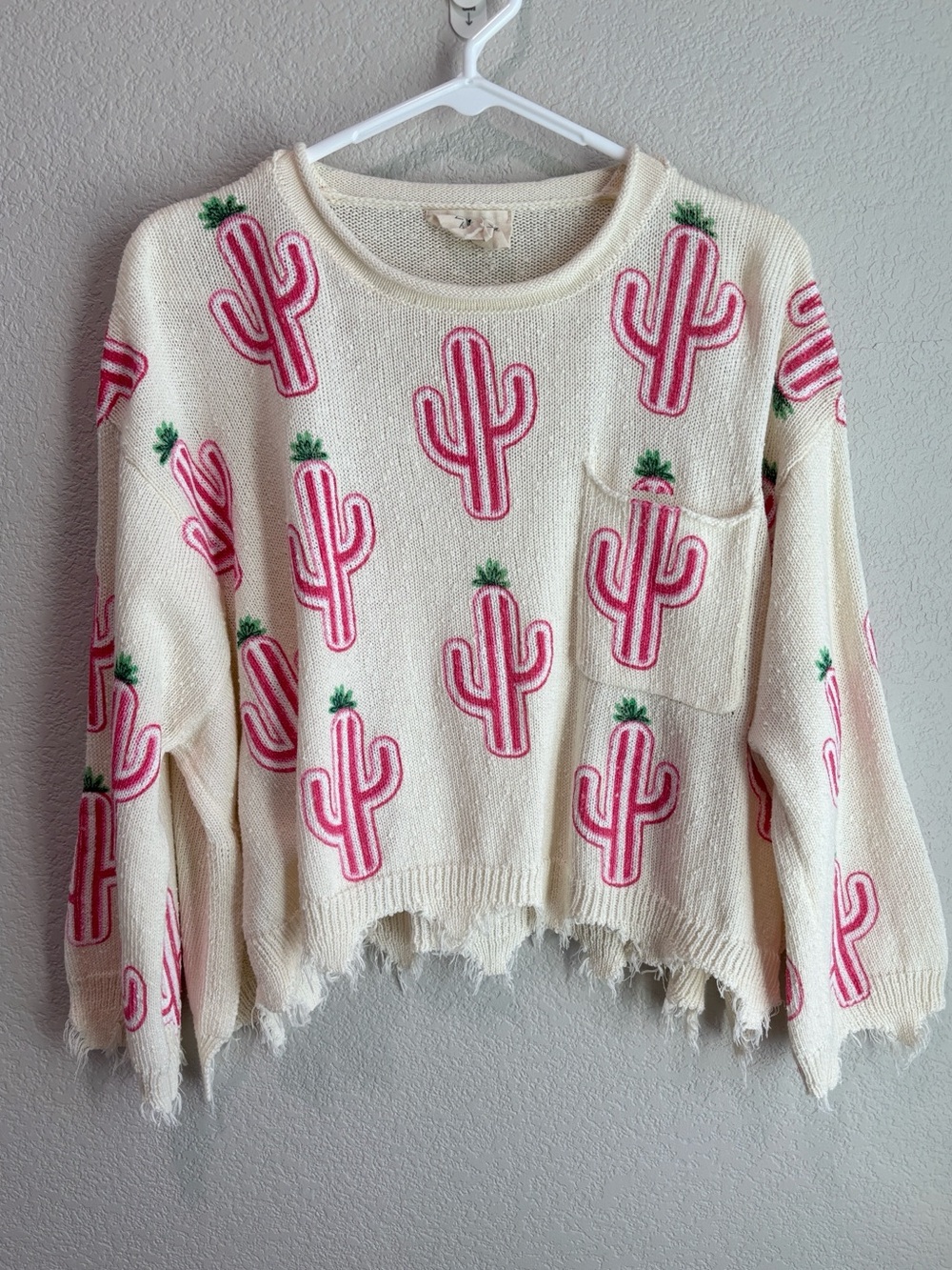 Fantastic Fawn Desert Pink Cactus Raw Hem Oversized Cropped Knit Sweater Small
